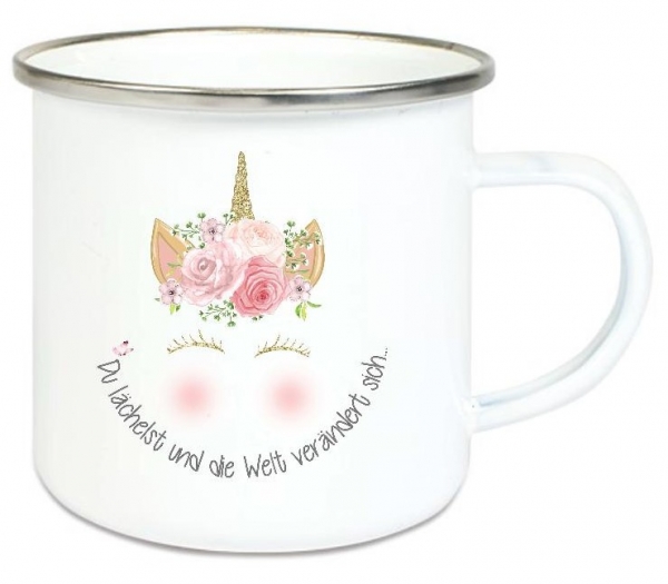 ♥ Tasse Emailletasse Einhorn, Du lächelst und die Welt verändert sich... Dankeschön, Geburtstag, Vatertag, Abschied, Jubiläum, Geschenk, Becher von Lüttentüddel